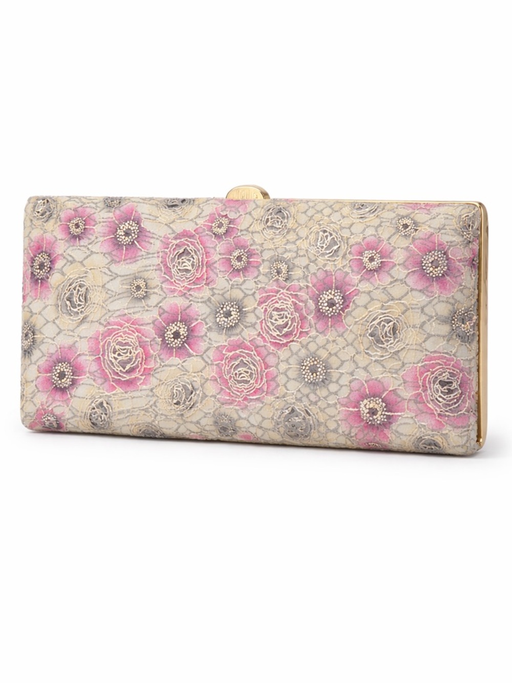 Lodis Floral Lace Frame Wallet Clutch Pink Gray Gold Kiss Lock NWOT